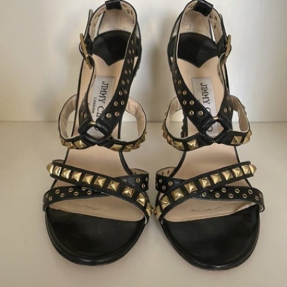 Jimmy Choo Inga Grommet Studded Leather High Heel Sandals in Black Gold - Picture 5 of 16